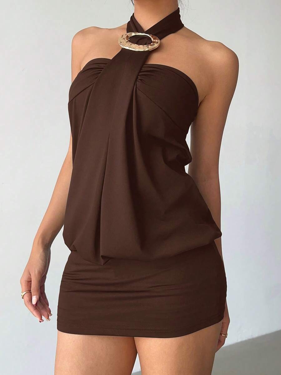 Cassia™ | Metallic Button Halter Mini Dress