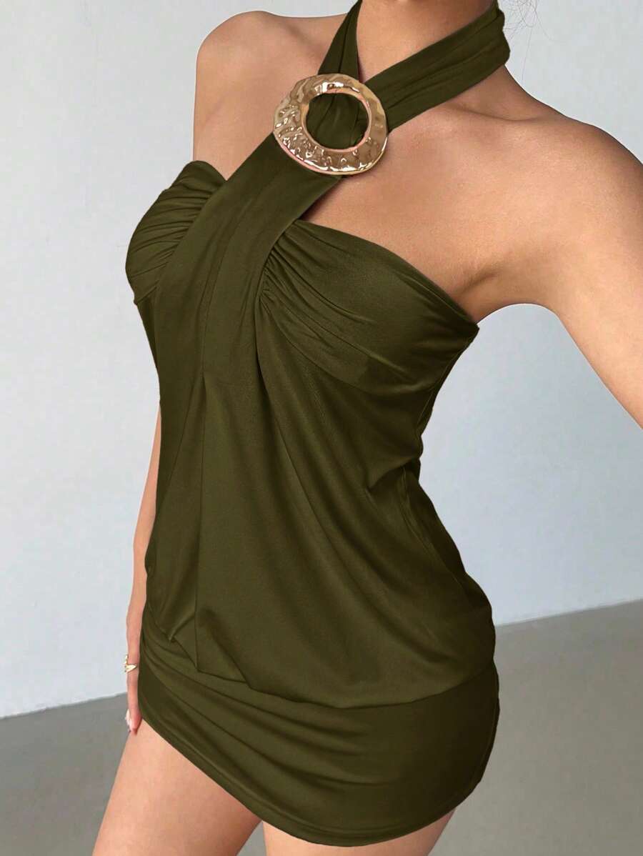 Cassia™ | Metallic Button Halter Mini Dress