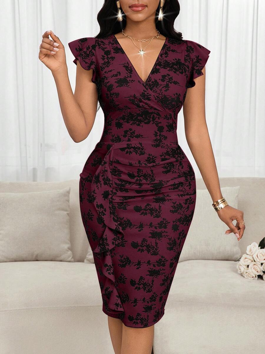 Phoebe™ | Floral Ruffle Wrap Midi Dress