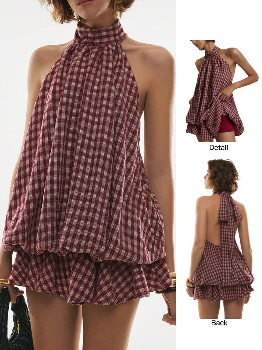 Maren™ | Plaid Ruffle Halter Mini Dress