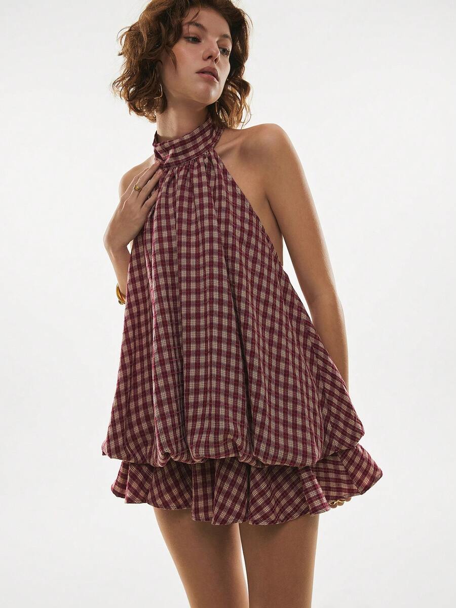 Maren™ | Plaid Ruffle Halter Mini Dress