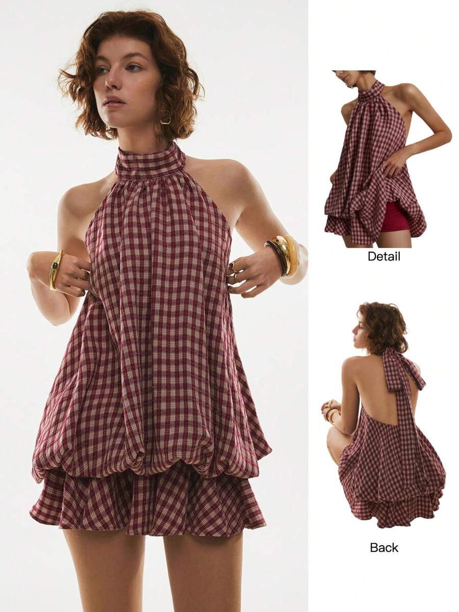 Maren™ | Plaid Ruffle Halter Mini Dress