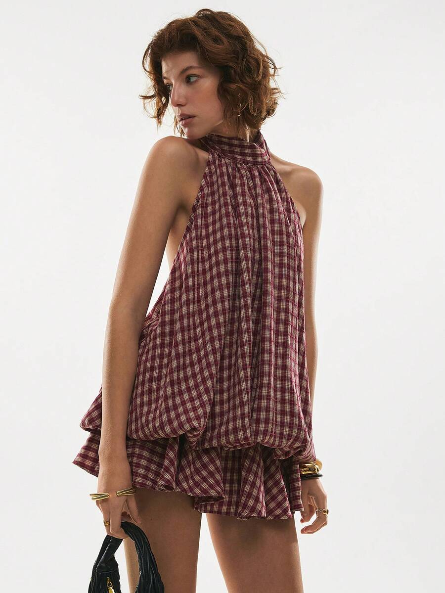 Maren™ | Plaid Ruffle Halter Mini Dress