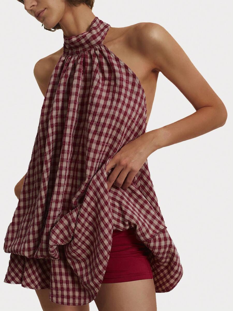 Maren™ | Plaid Ruffle Halter Mini Dress