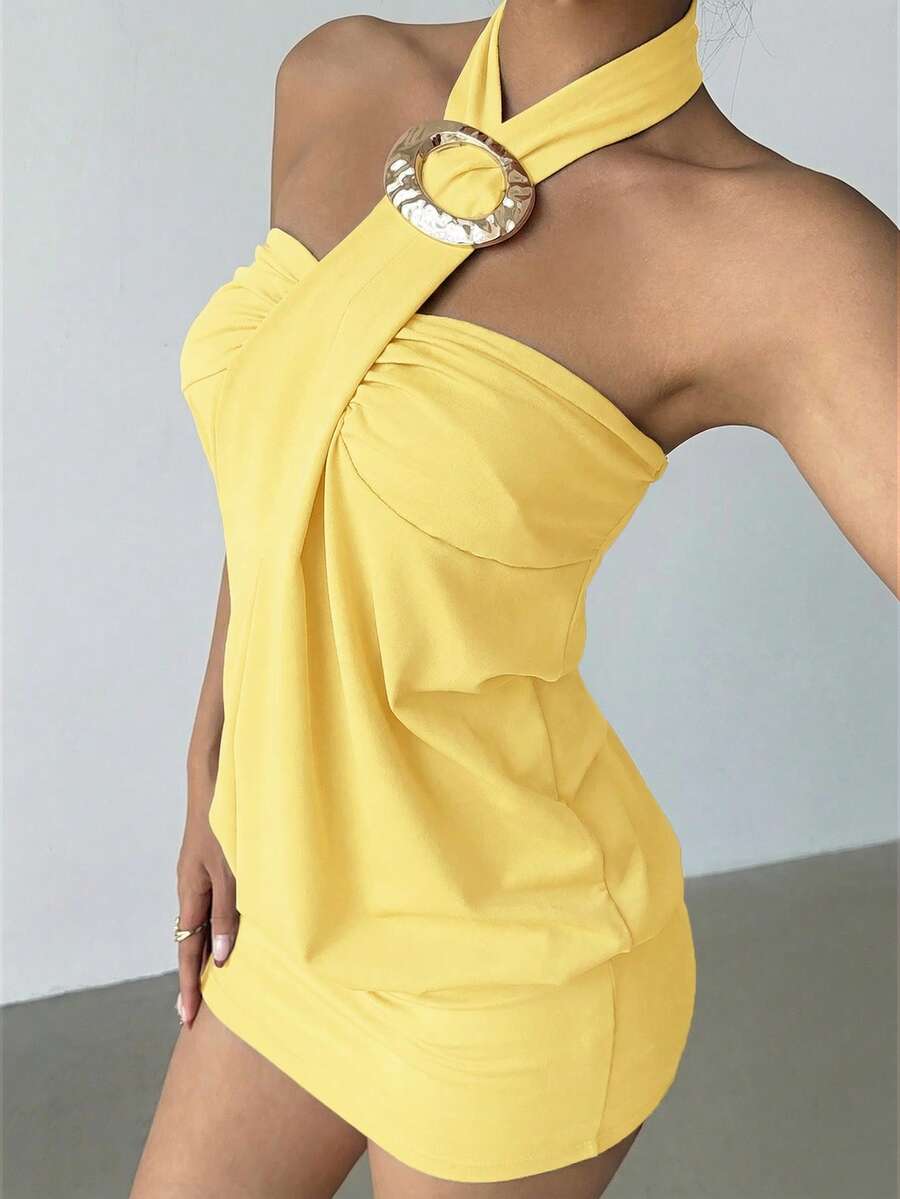 Cassia™ | Metallic Button Halter Mini Dress