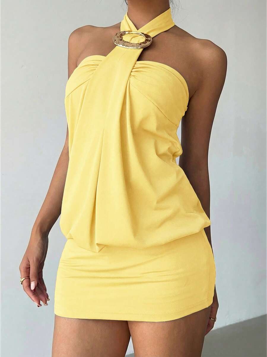 Cassia™ | Metallic Button Halter Mini Dress
