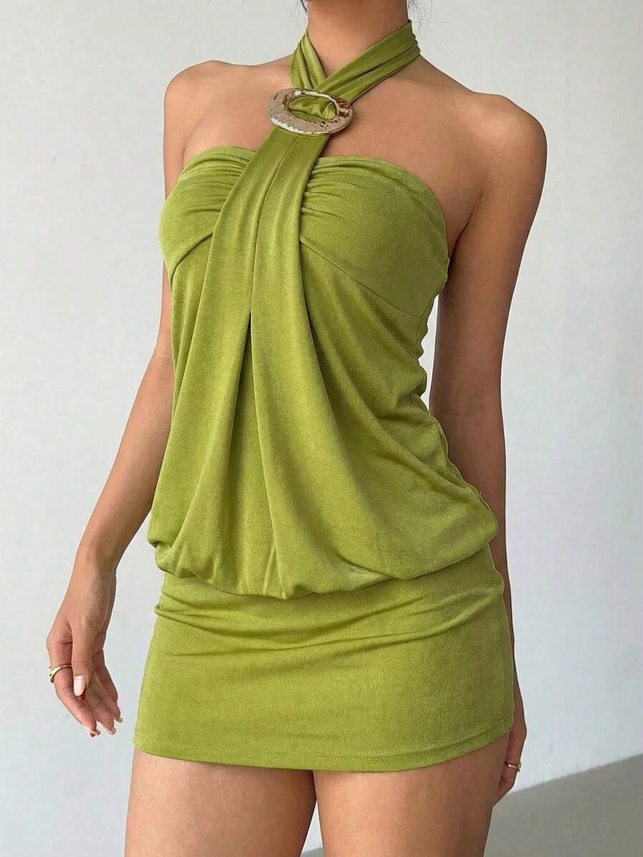 Cassia™ | Metallic Button Halter Mini Dress