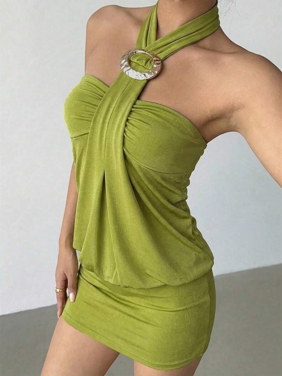 Cassia™ | Metallic Button Halter Mini Dress