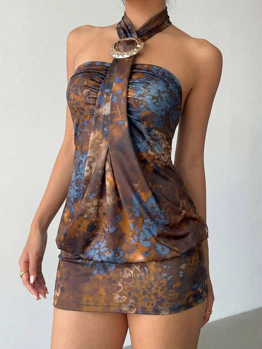 Cassia™ | Metallic Button Halter Mini Dress