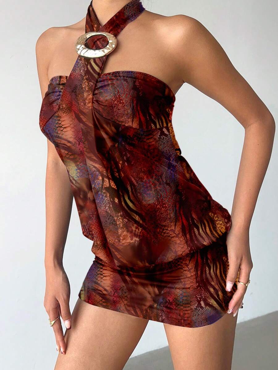 Cassia™ | Metallic Button Halter Mini Dress