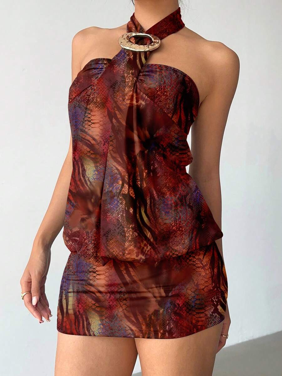 Cassia™ | Metallic Button Halter Mini Dress