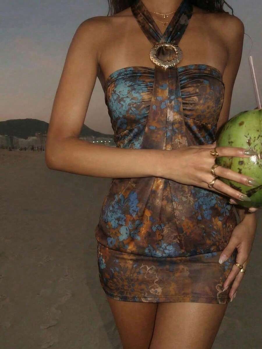 Cassia™ | Metallic Button Halter Mini Dress