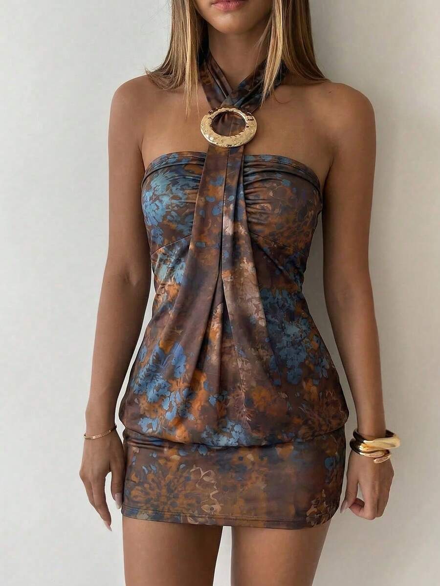 Cassia™ | Metallic Button Halter Mini Dress