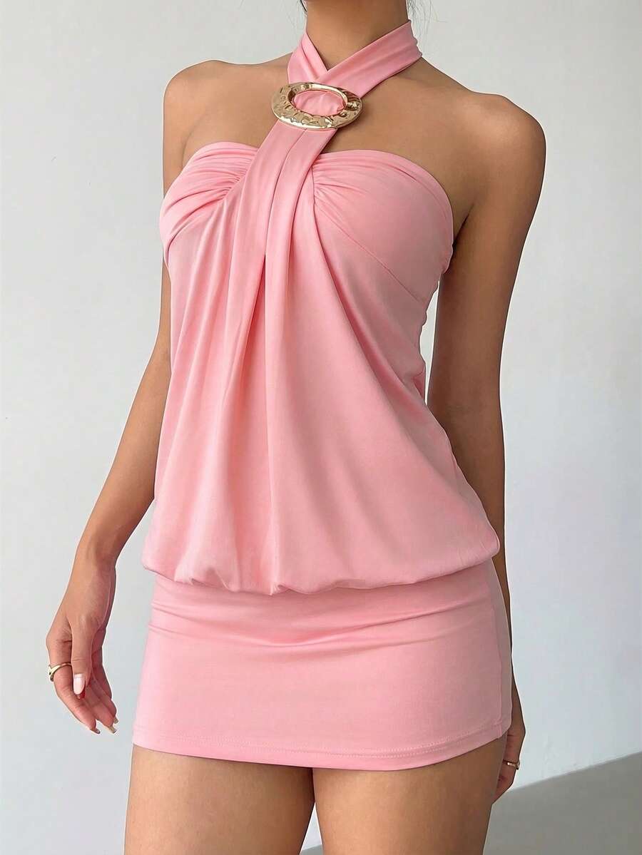 Cassia™ | Metallic Button Halter Mini Dress