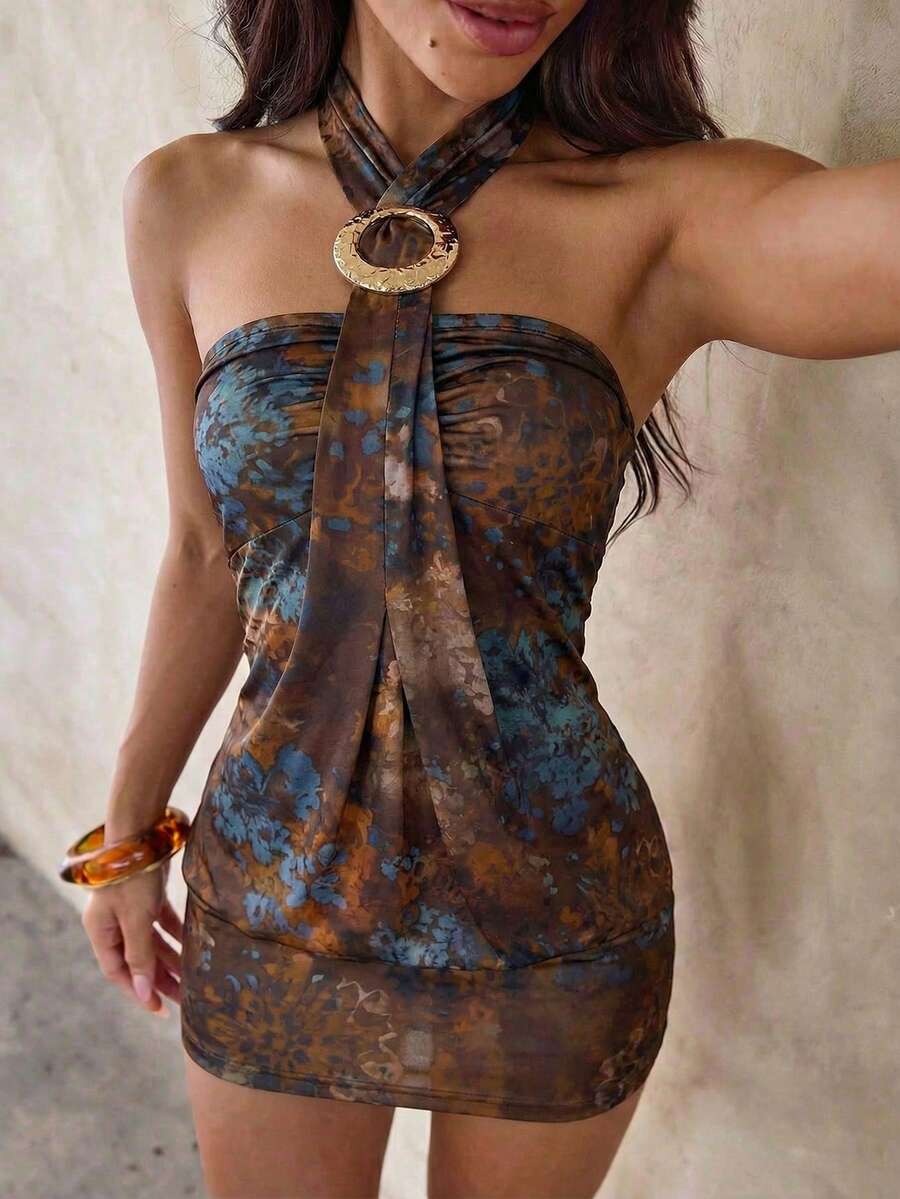 Cassia™ | Metallic Button Halter Mini Dress