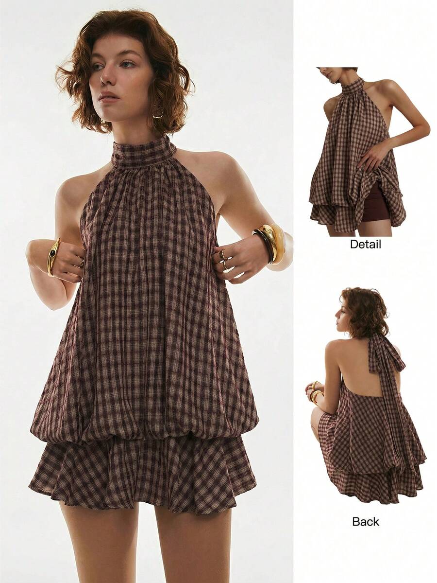 Maren™ | Plaid Ruffle Halter Mini Dress