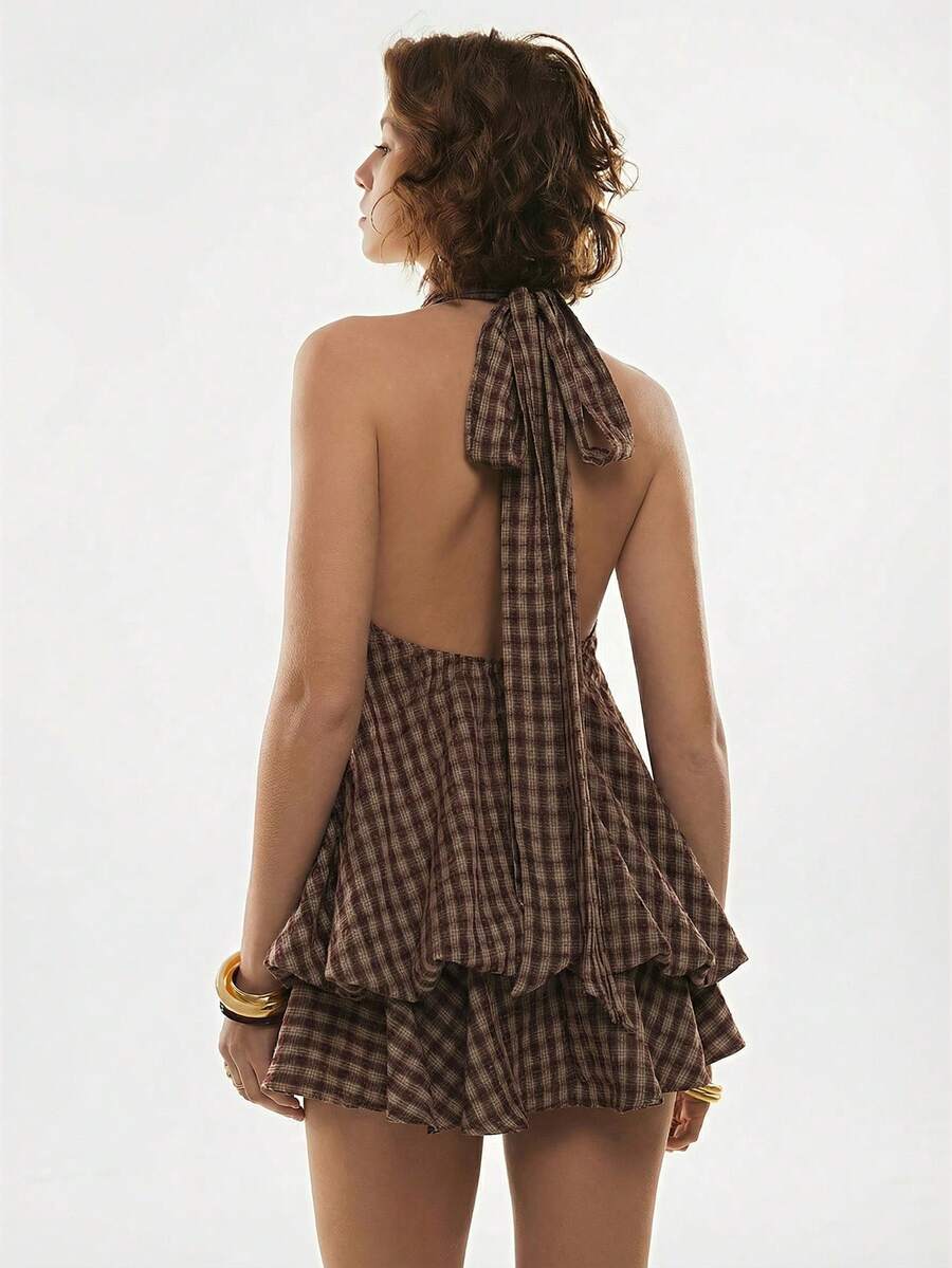 Maren™ | Plaid Ruffle Halter Mini Dress
