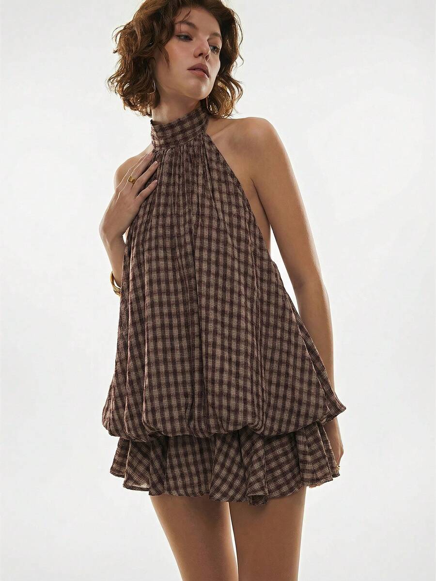 Maren™ | Plaid Ruffle Halter Mini Dress