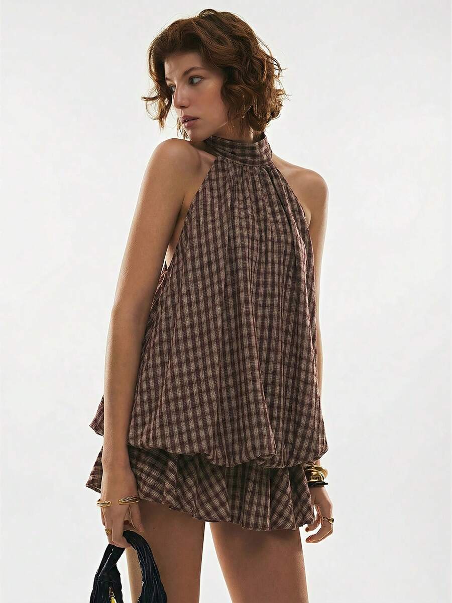 Maren™ | Plaid Ruffle Halter Mini Dress