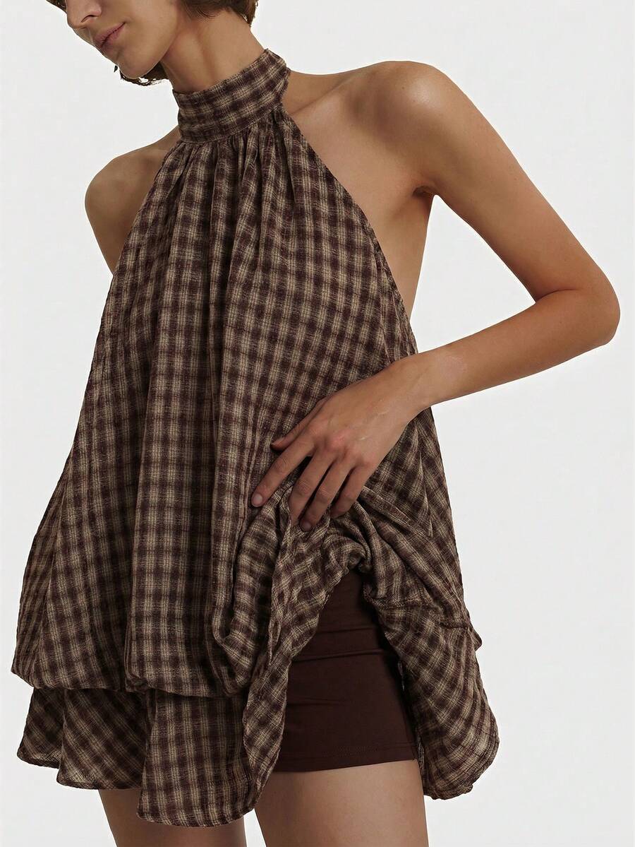 Maren™ | Plaid Ruffle Halter Mini Dress