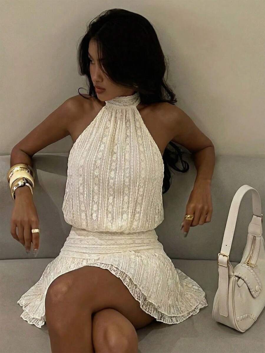 Verena™ | Lace Jacquard Halter Mini Dress