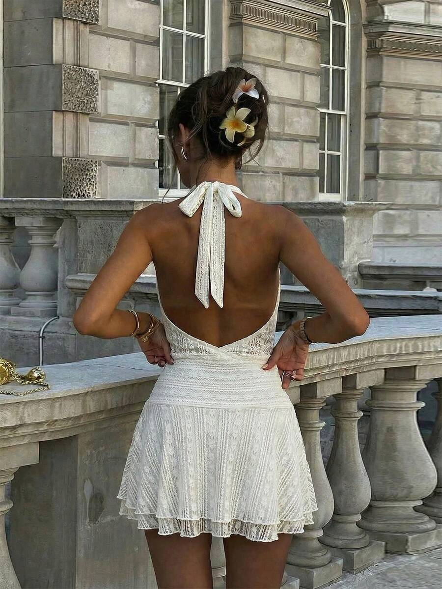 Verena™ | Lace Jacquard Halter Mini Dress