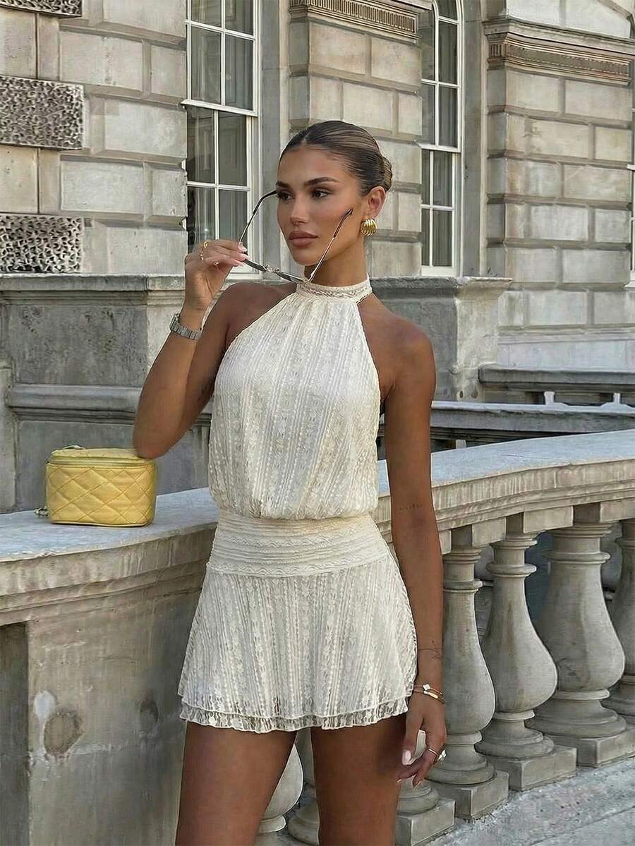 Verena™ | Lace Jacquard Halter Mini Dress