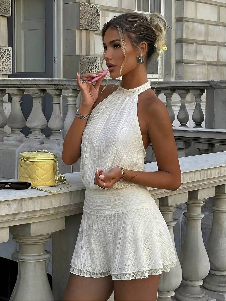 Verena™ | Lace Jacquard Halter Mini Dress