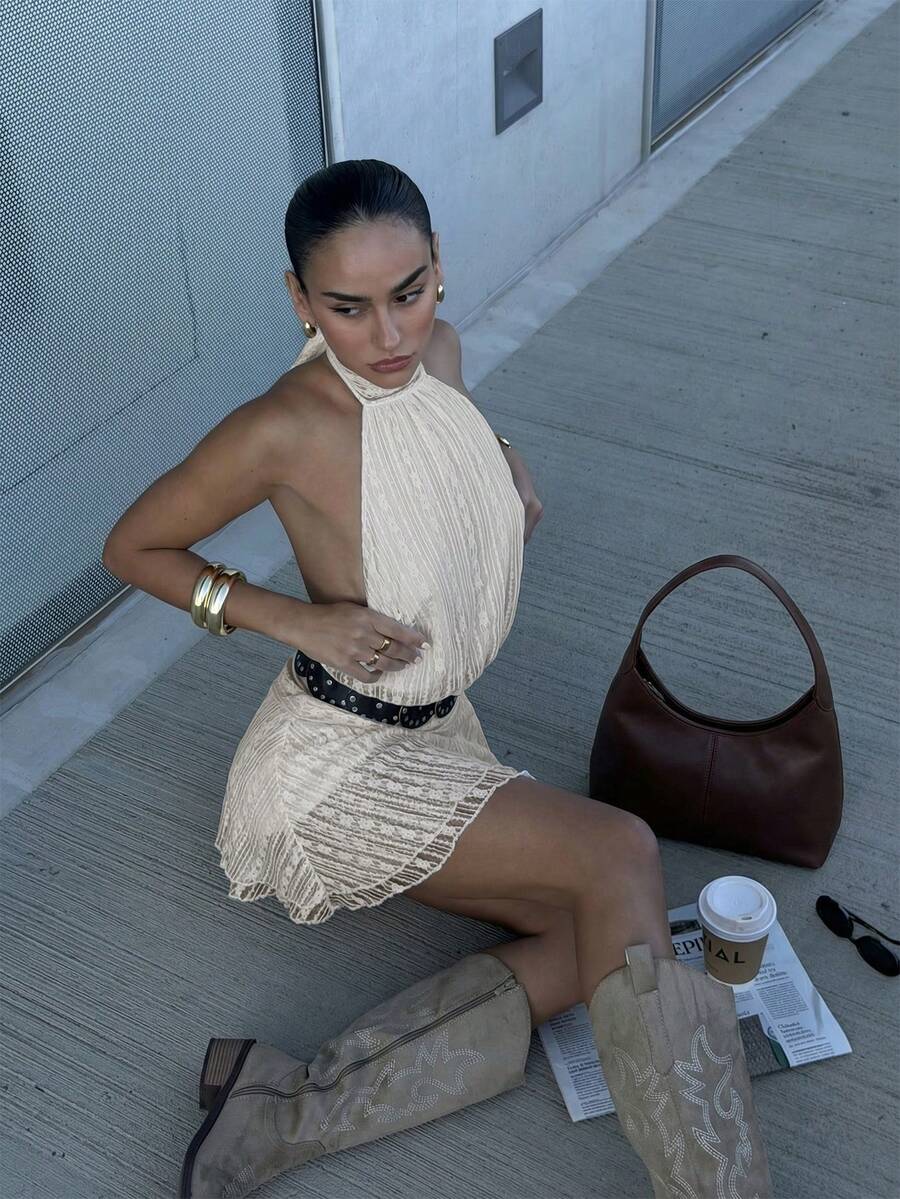 Verena™ | Lace Jacquard Halter Mini Dress