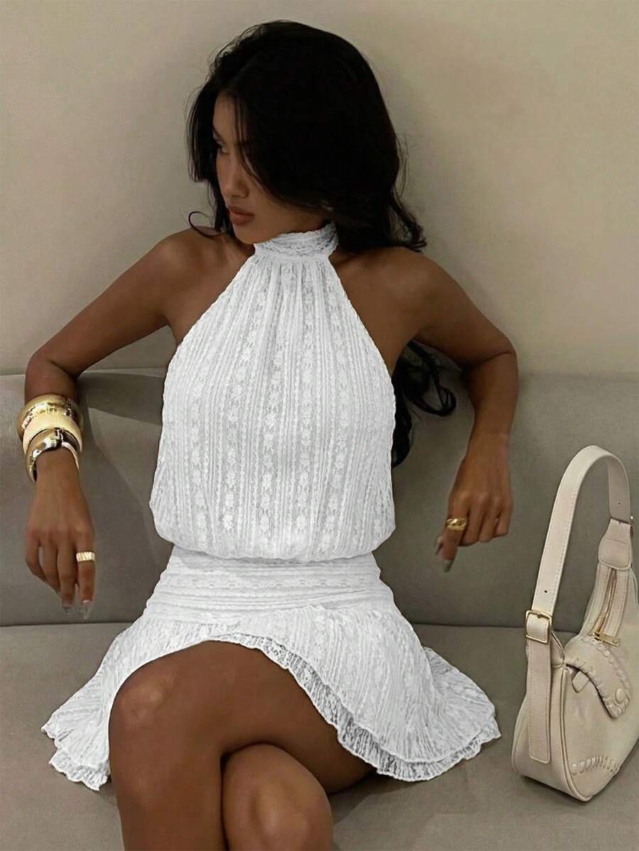 Verena™ | Lace Jacquard Halter Mini Dress