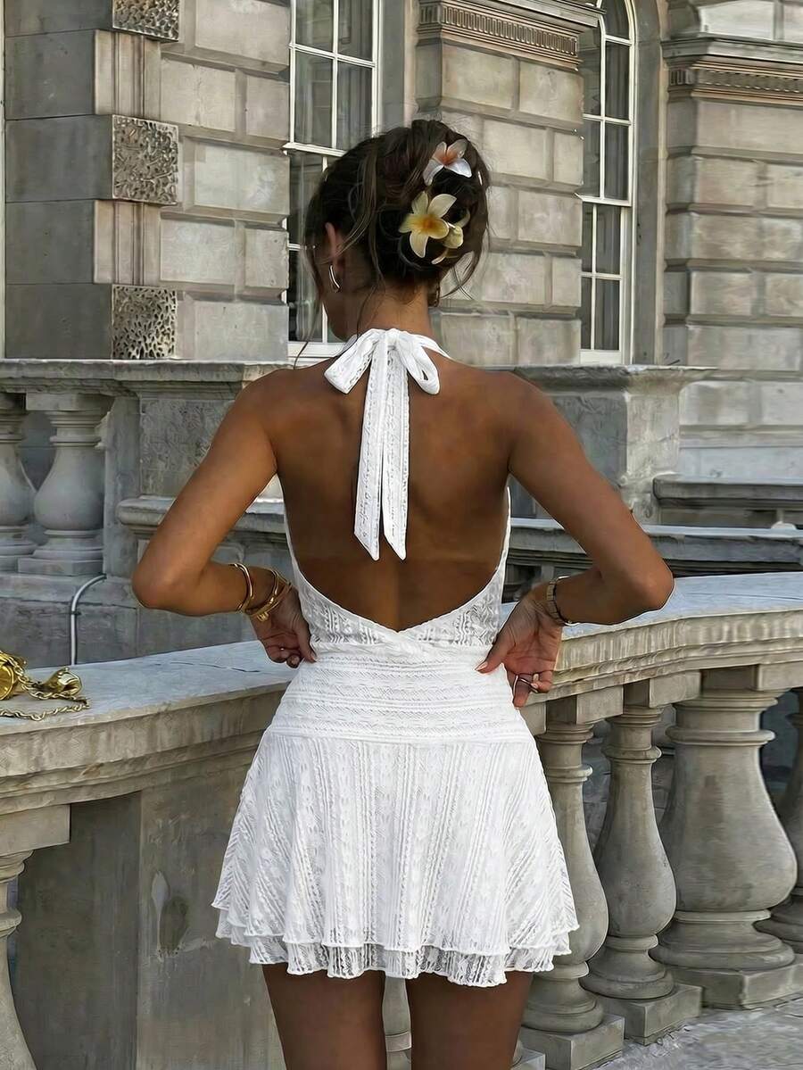 Verena™ | Lace Jacquard Halter Mini Dress