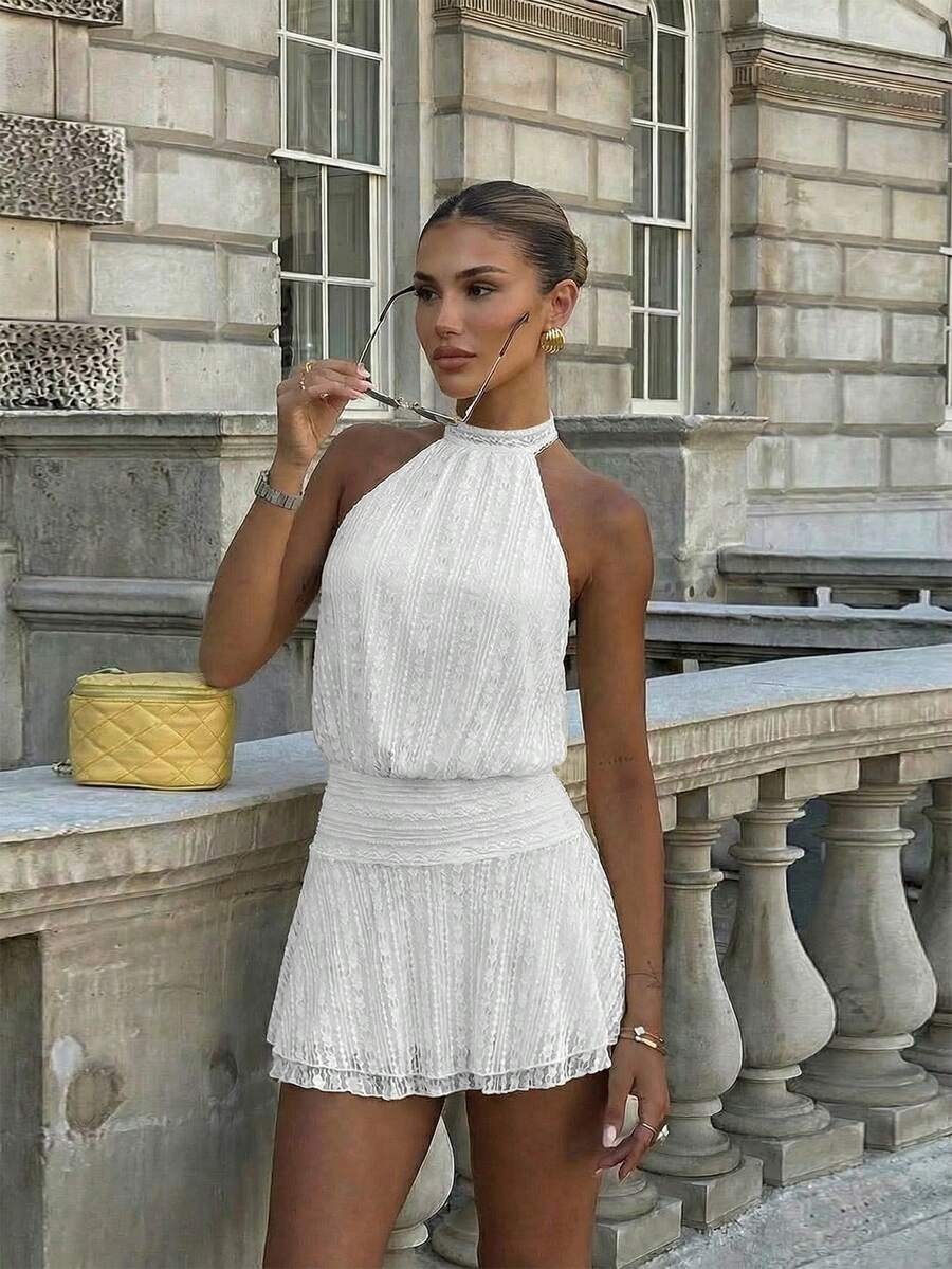 Verena™ | Lace Jacquard Halter Mini Dress