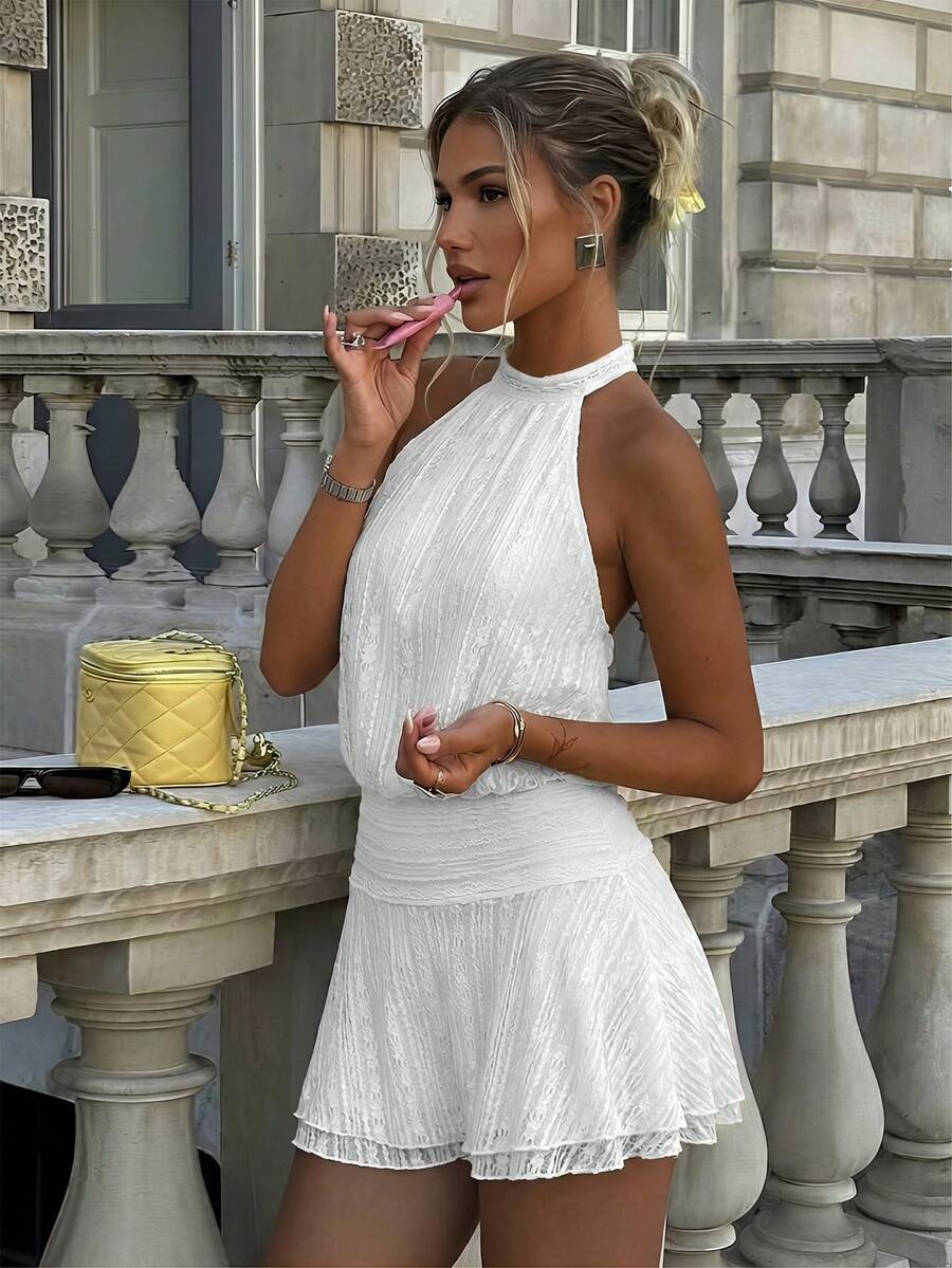 Verena™ | Lace Jacquard Halter Mini Dress