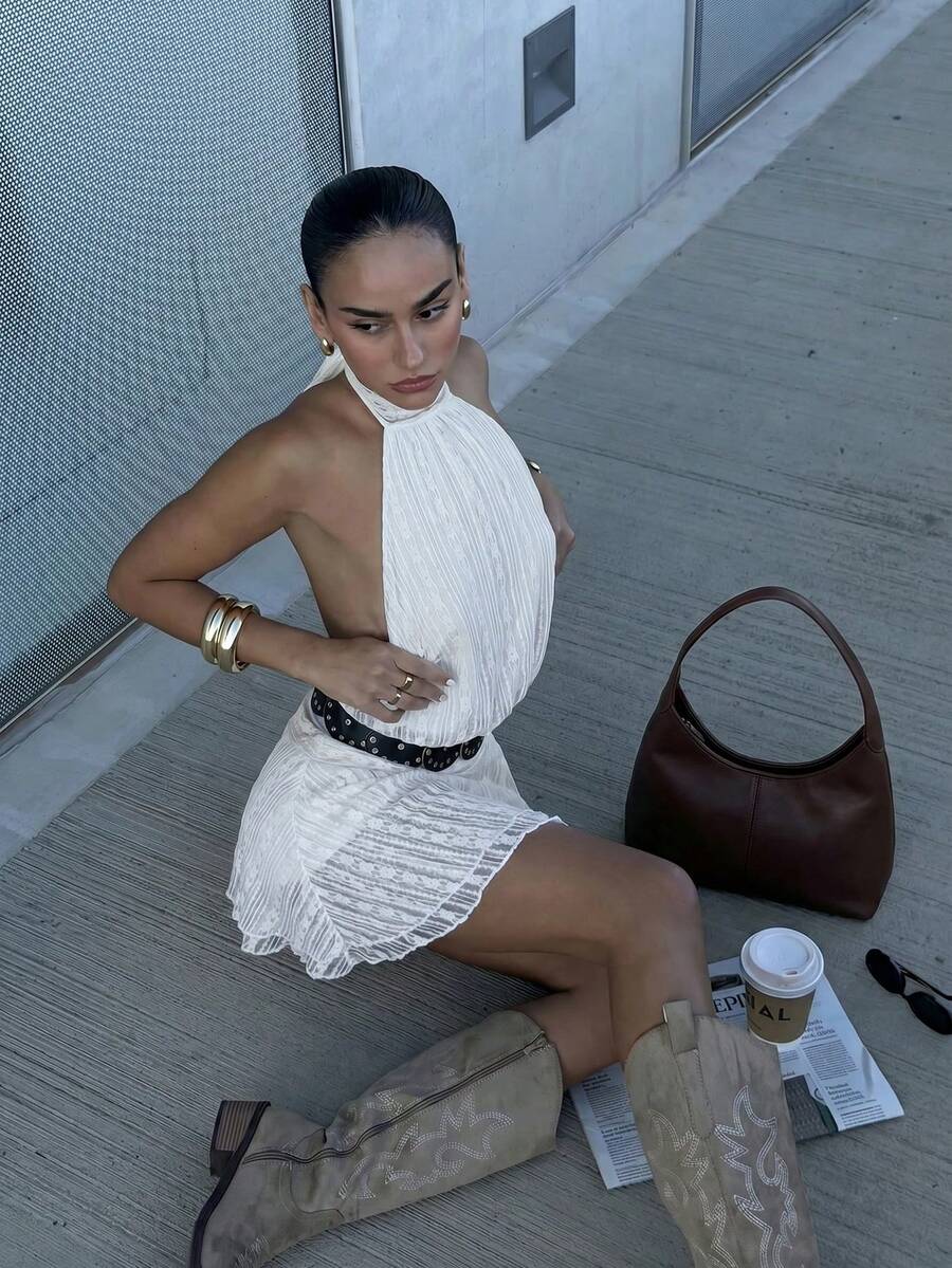 Verena™ | Lace Jacquard Halter Mini Dress