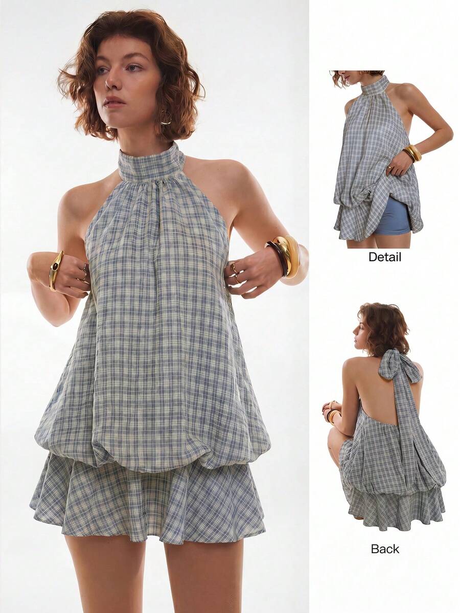 Maren™ | Plaid Ruffle Halter Mini Dress