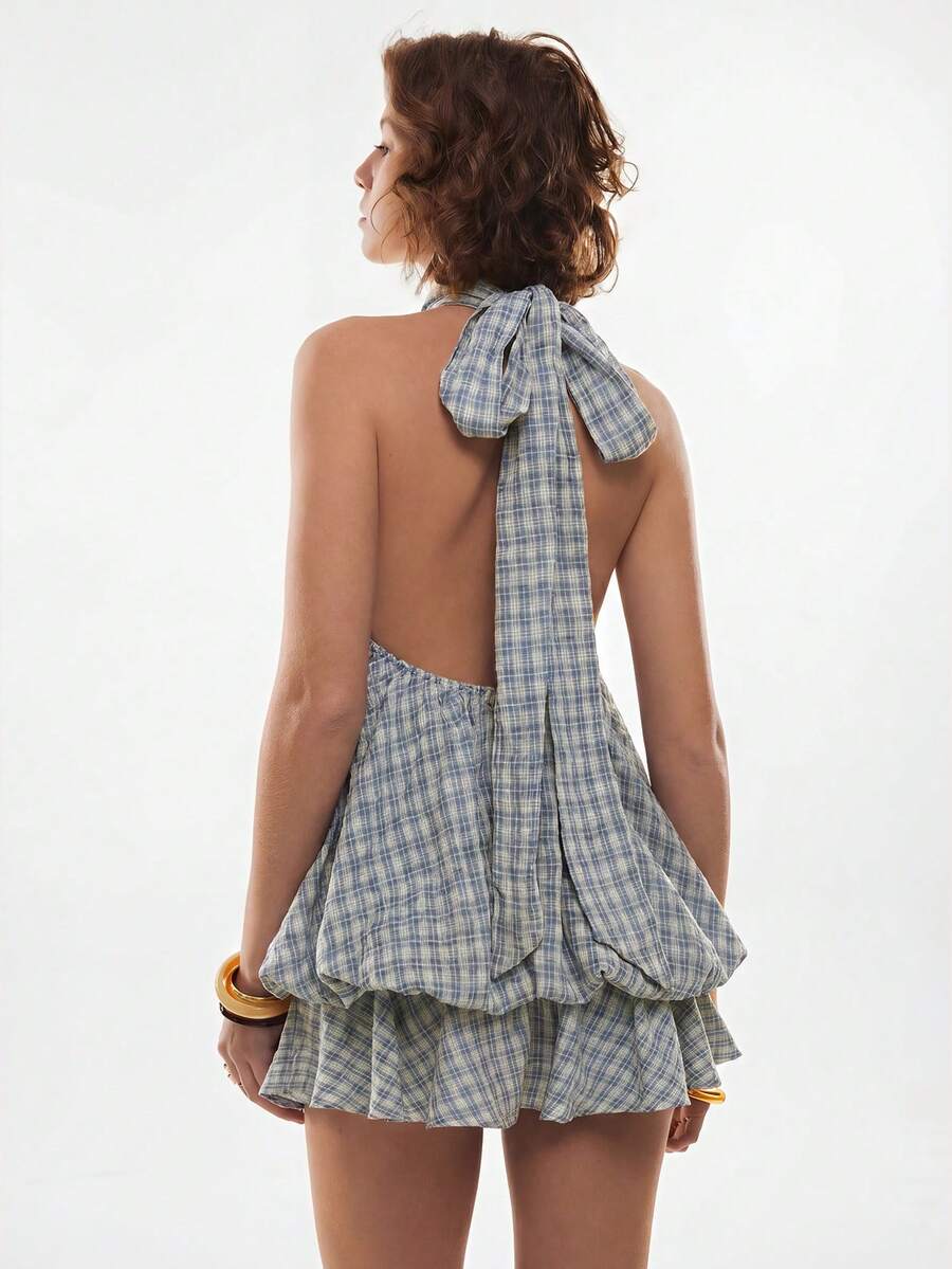 Maren™ | Plaid Ruffle Halter Mini Dress