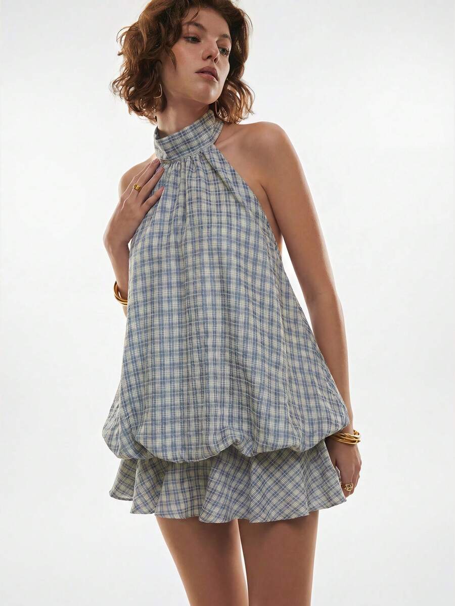 Maren™ | Plaid Ruffle Halter Mini Dress
