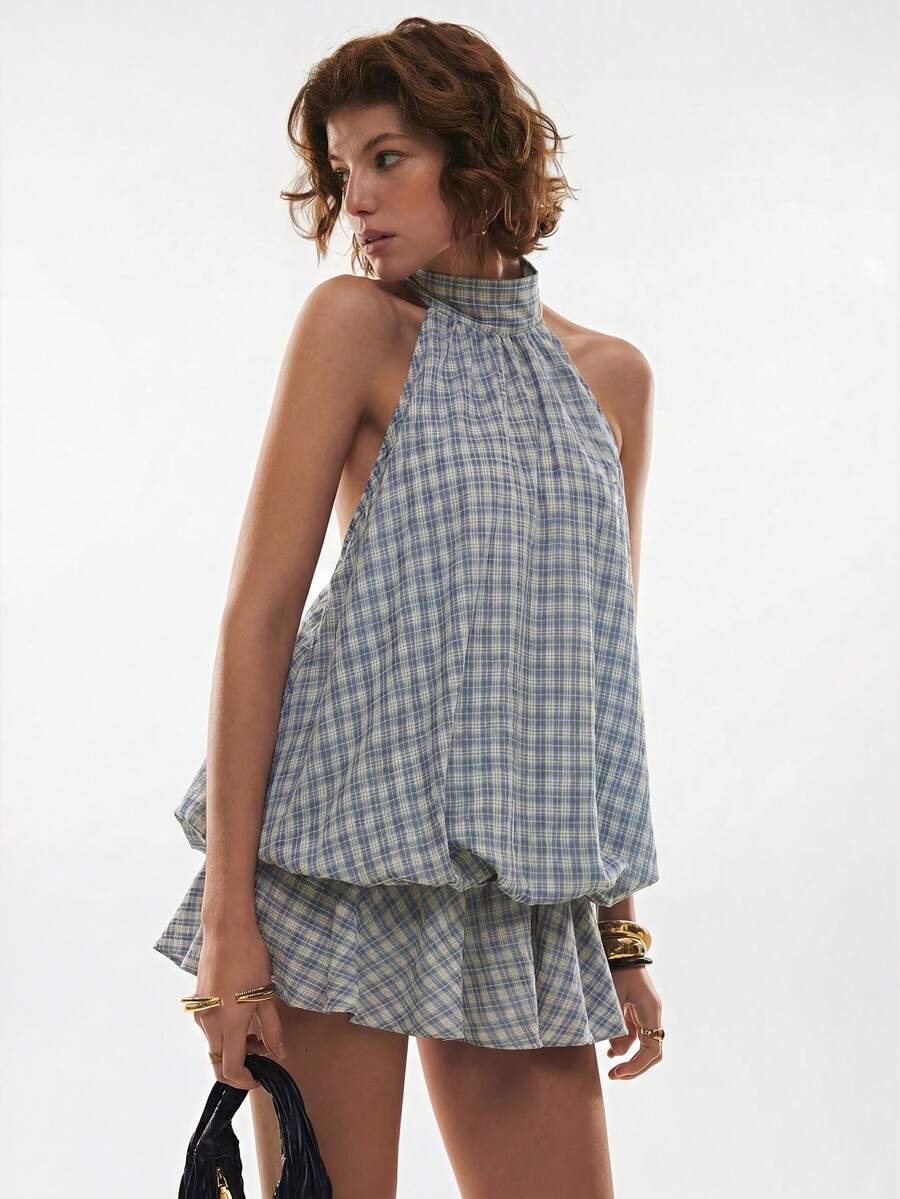 Maren™ | Plaid Ruffle Halter Mini Dress