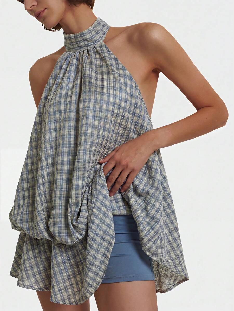 Maren™ | Plaid Ruffle Halter Mini Dress