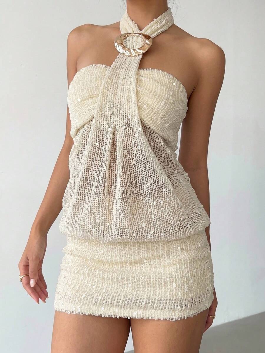 Cassia™ | Metallic Button Halter Mini Dress