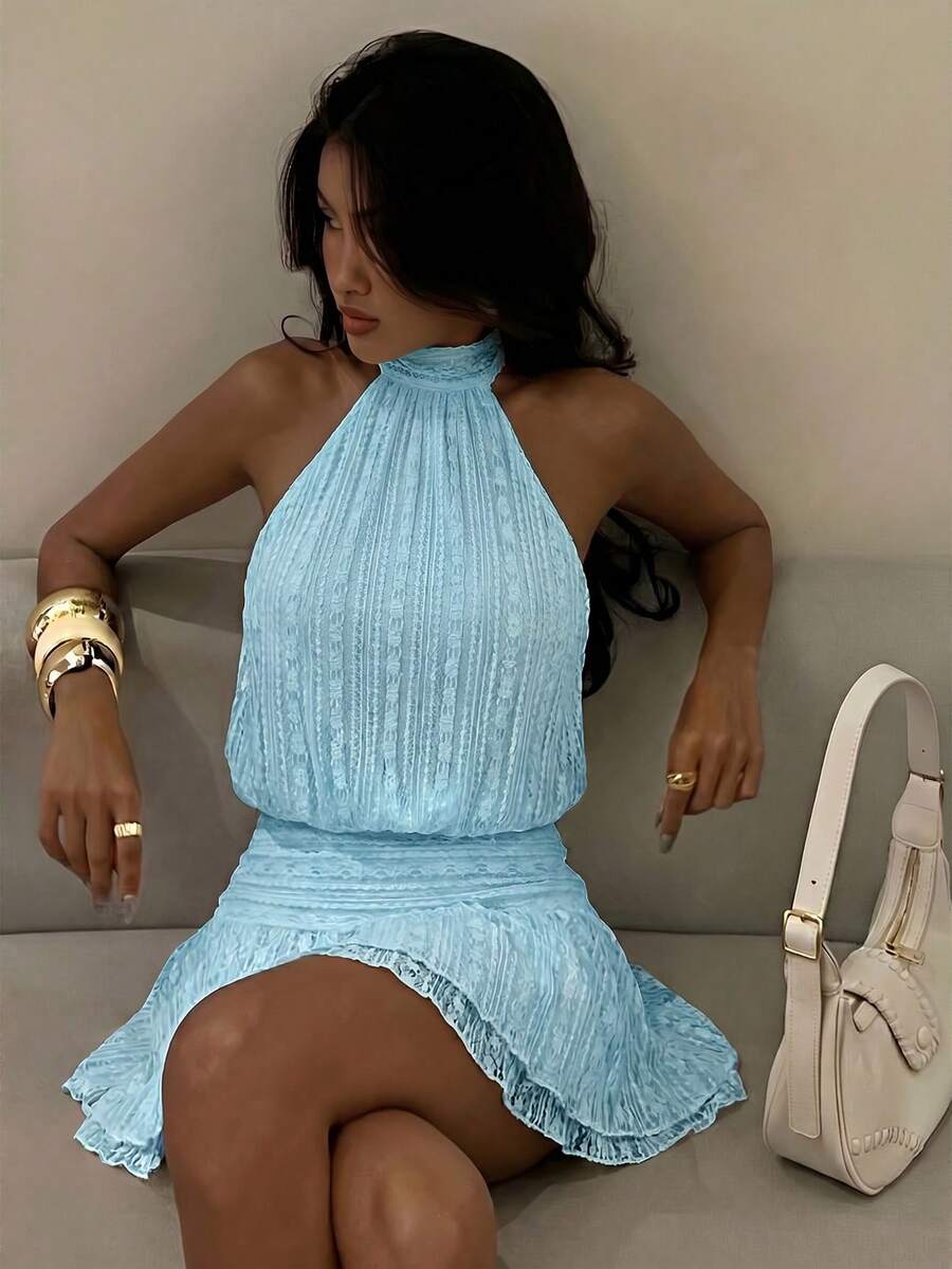Verena™ | Lace Jacquard Halter Mini Dress