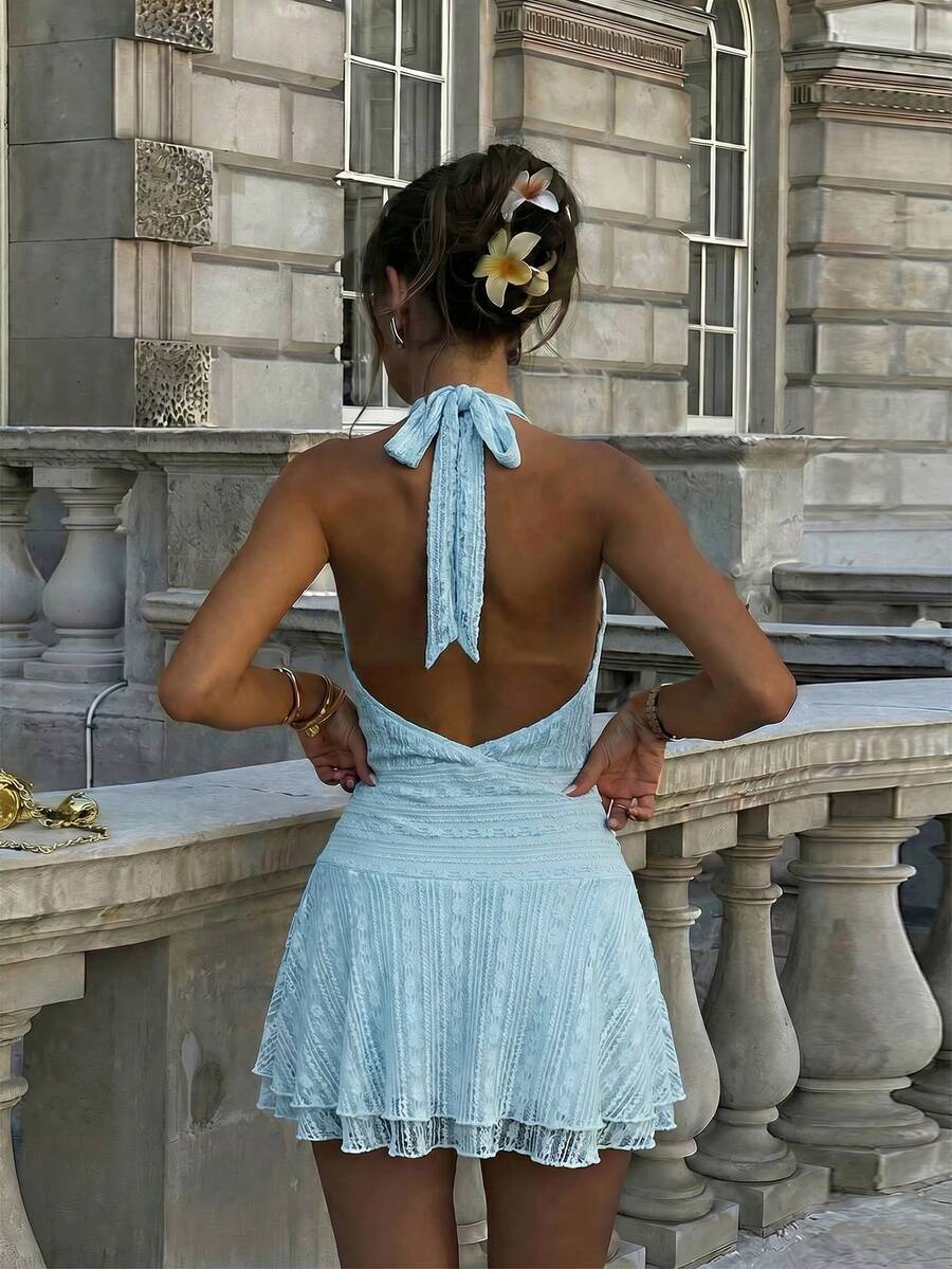 Verena™ | Lace Jacquard Halter Mini Dress