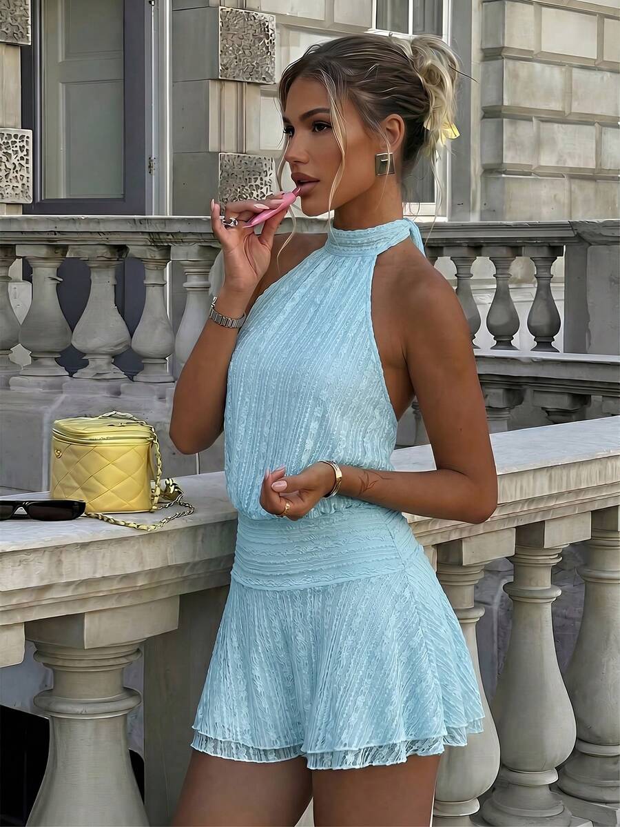 Verena™ | Lace Jacquard Halter Mini Dress