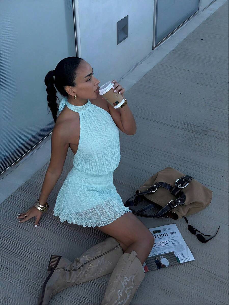 Verena™ | Lace Jacquard Halter Mini Dress