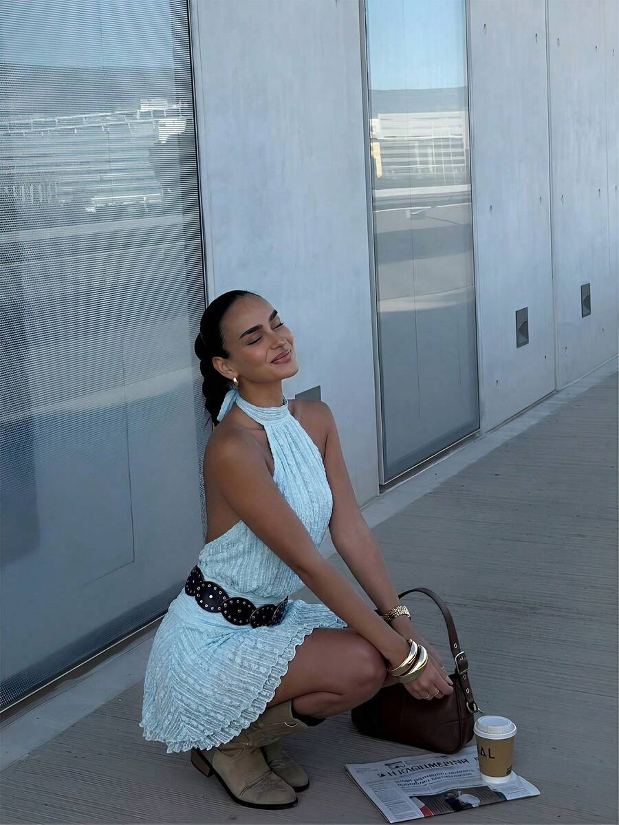 Verena™ | Lace Jacquard Halter Mini Dress