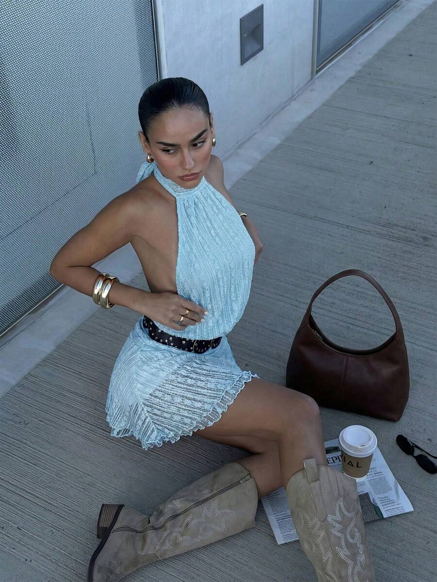 Verena™ | Lace Jacquard Halter Mini Dress