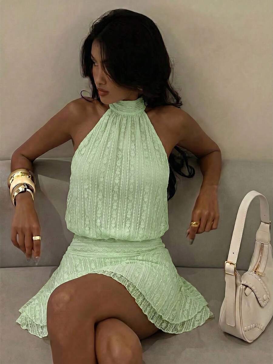 Verena™ | Lace Jacquard Halter Mini Dress