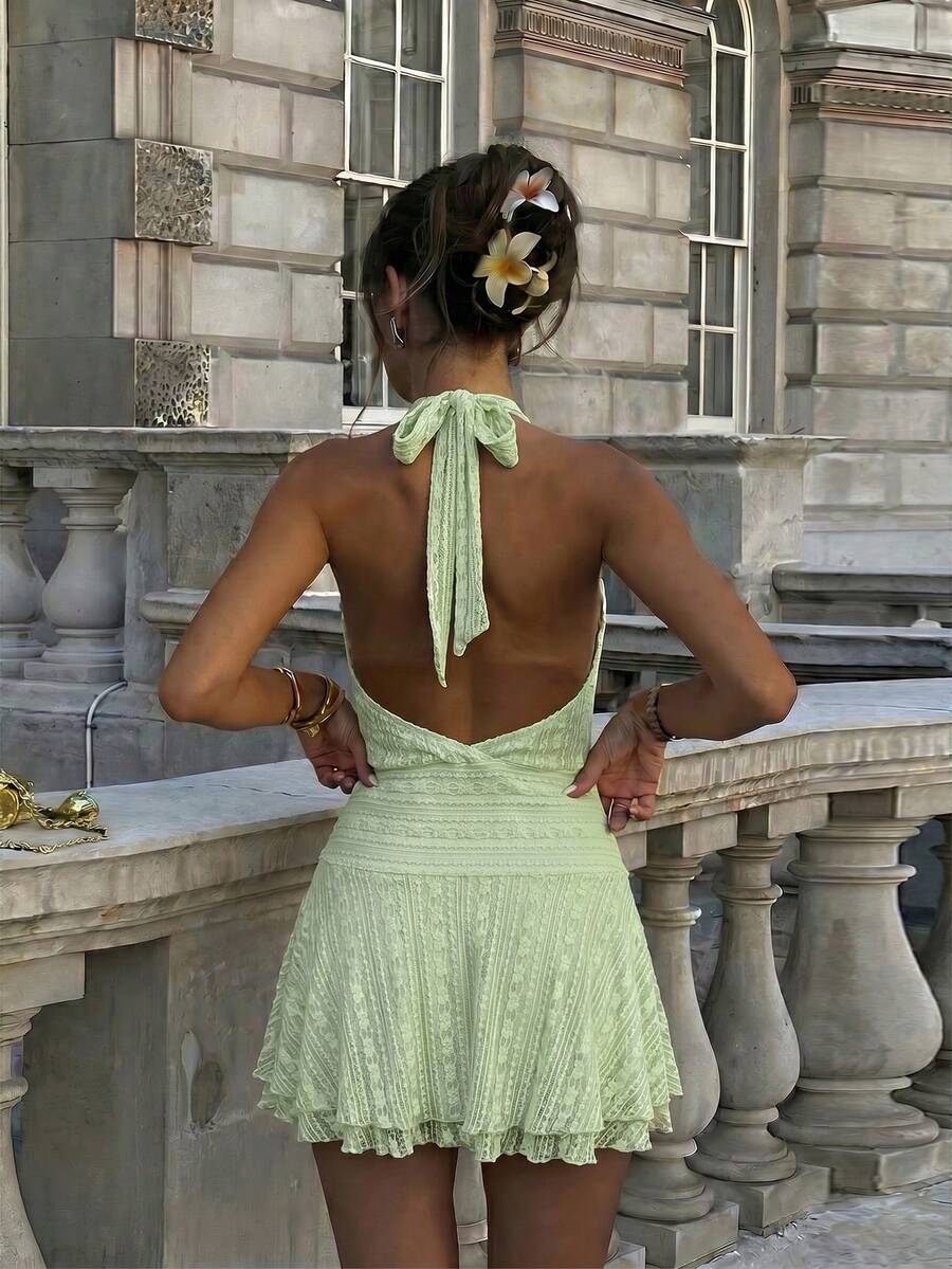 Verena™ | Lace Jacquard Halter Mini Dress