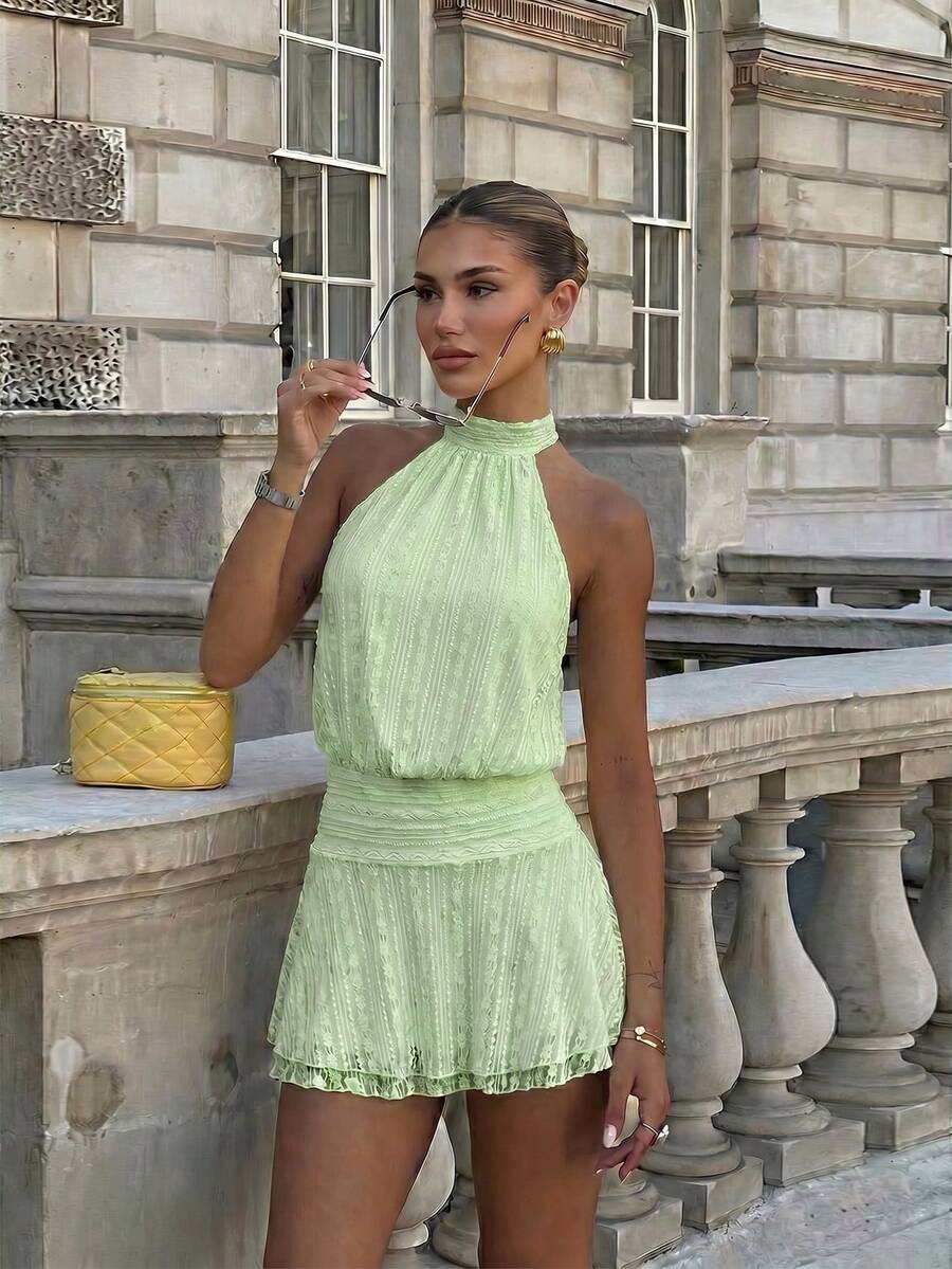 Verena™ | Lace Jacquard Halter Mini Dress
