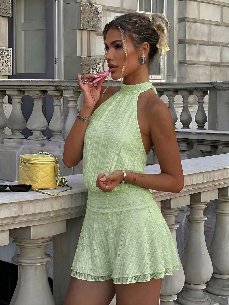 Verena™ | Lace Jacquard Halter Mini Dress